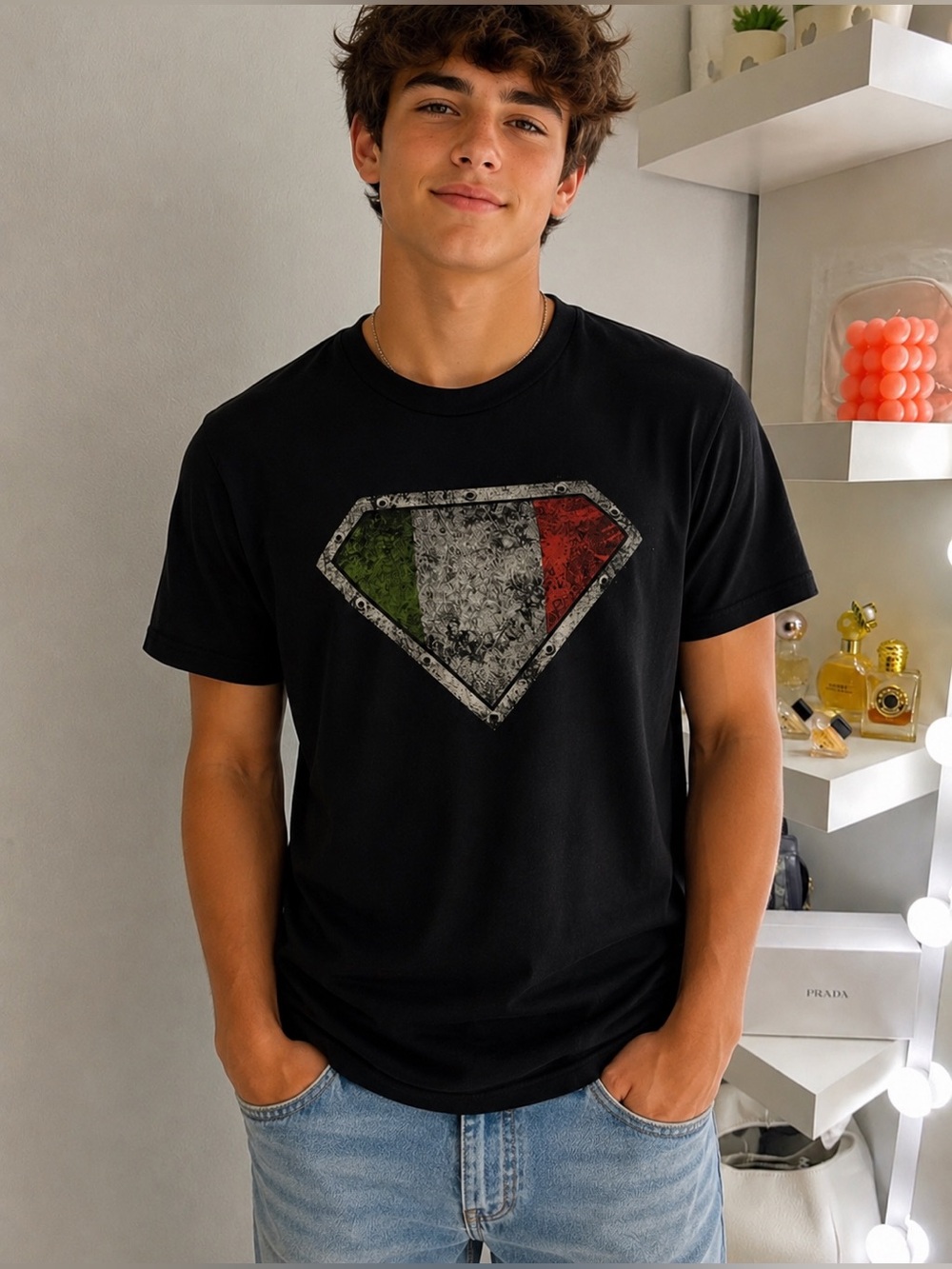 Black Short-Sleeve Graphic Tee with Italian Shield Motif